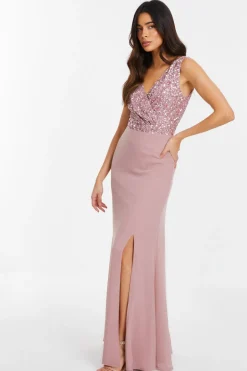 Quiz Mauve Embellished Chiffon Maxi Dress
