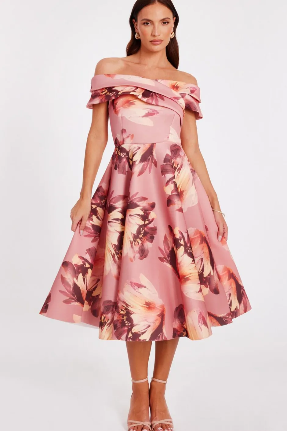Quiz Mauve Floral Bardot Midi Dress Discount