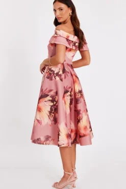 Quiz Mauve Floral Bardot Midi Dress Discount