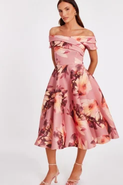 Quiz Mauve Floral Bardot Midi Dress Discount