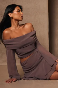 Quiz Mocha Chiffon Ruffle Crop Top New