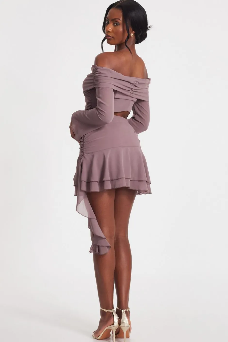 Quiz Mocha Chiffon Ruffle Crop Top New