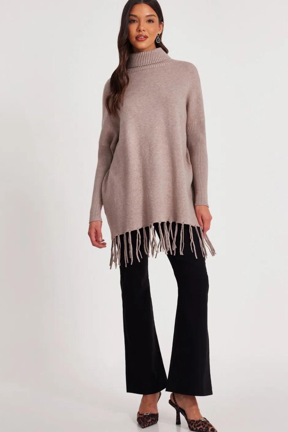 Quiz Knit Tassel Hem Jumper Mocha Clearance