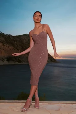 Quiz Rhinestone Bodycon Midi Dress Mocha Hot