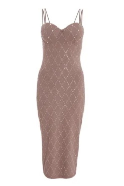 Quiz Rhinestone Bodycon Midi Dress Mocha Hot