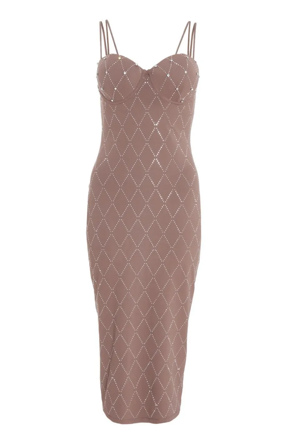 Quiz Rhinestone Bodycon Midi Dress Mocha Hot