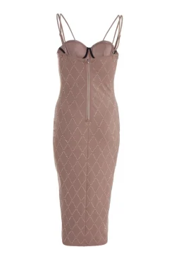 Quiz Rhinestone Bodycon Midi Dress Mocha Hot