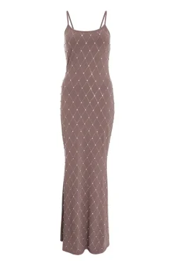 Quiz Rhinestone Square Neck Maxi Dress Mocha Hot