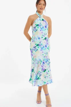 Quiz Multicoloured Floral Halter Neck Midi Dress Discount