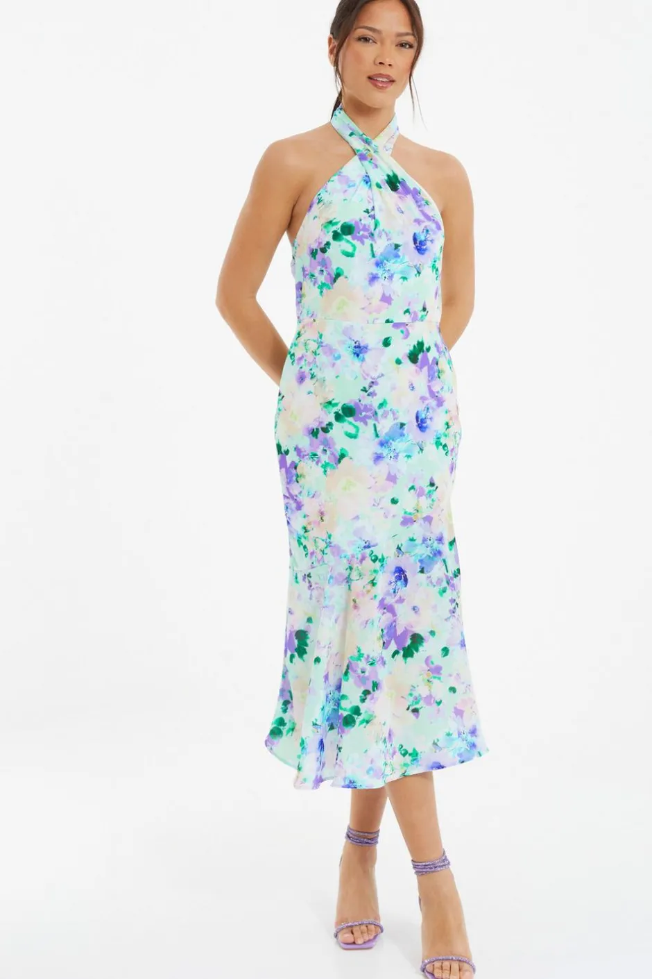 Quiz Multicoloured Floral Halter Neck Midi Dress Discount