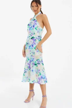 Quiz Multicoloured Floral Halter Neck Midi Dress Discount