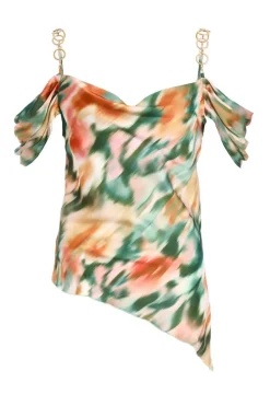 Quiz Multicoloured Marble Print Satin Asymmetric Top Best