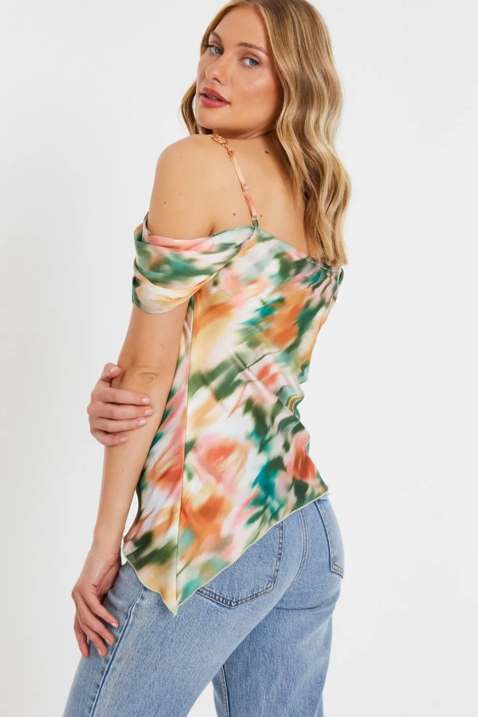 Quiz Multicoloured Marble Print Satin Asymmetric Top Best