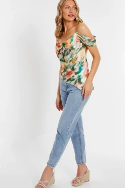 Quiz Multicoloured Marble Print Satin Asymmetric Top Best