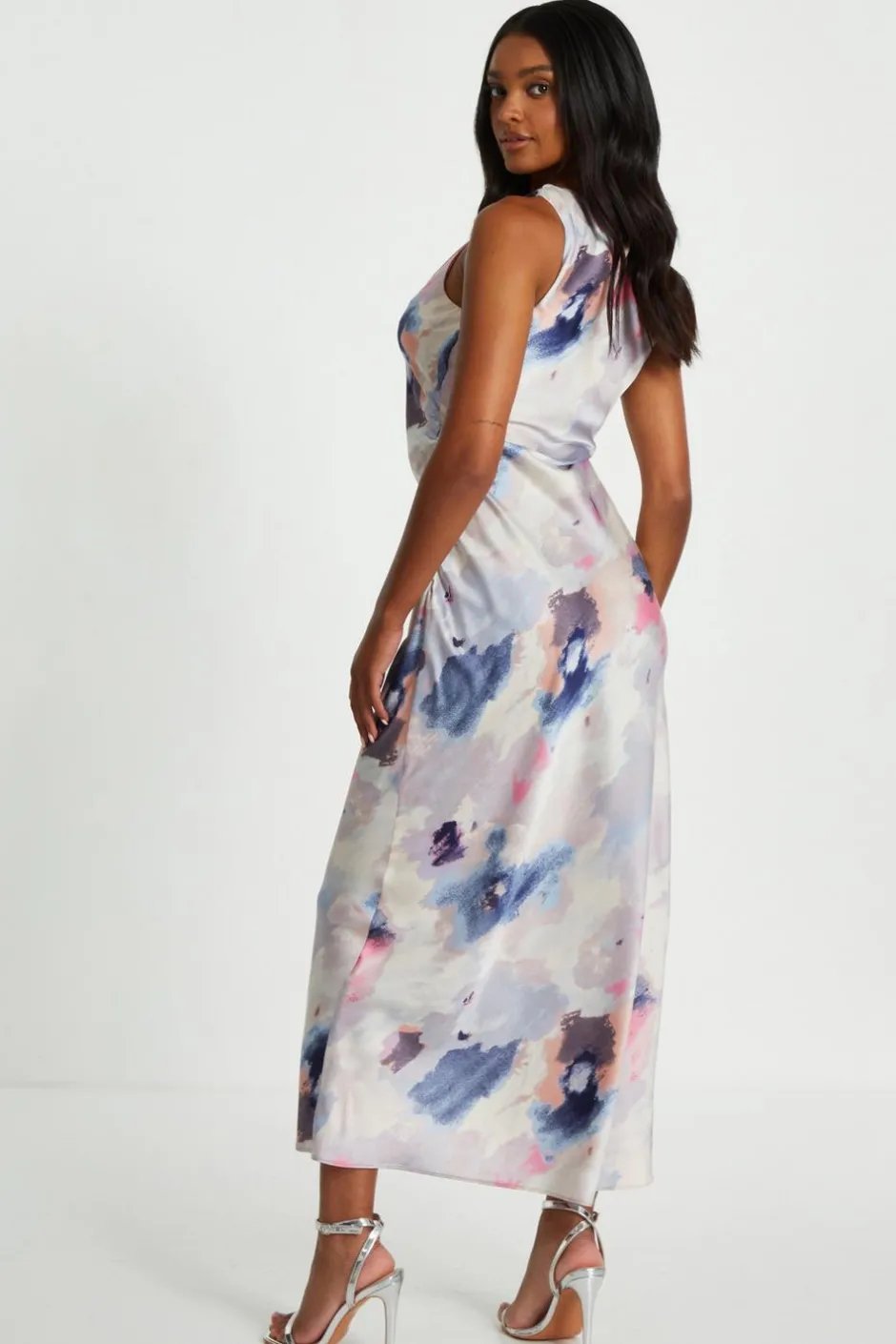 Quiz Multicoloured Marble Satin Twist Shoulder Midaxi Dress Discount