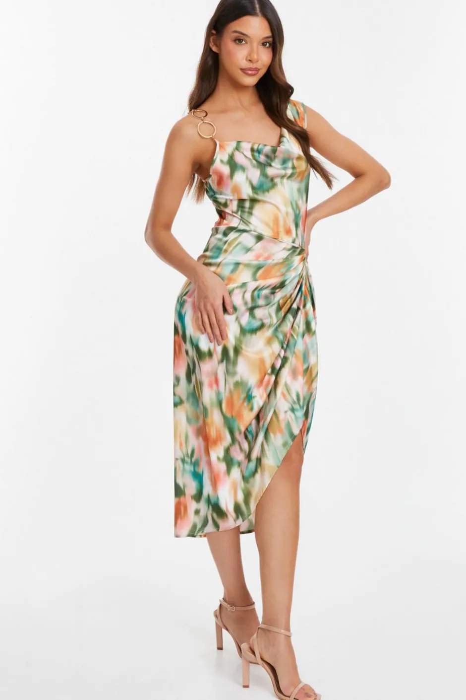 Quiz Multicoloured Satin Marble Print Ruched Midi Dress