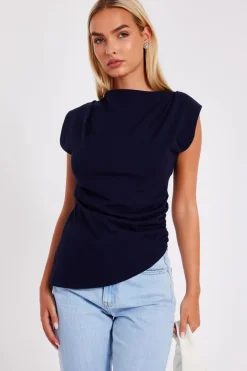 Quiz Asymmetric Boat Neck Top Navy Outlet