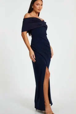 Quiz Bardot Front Wrap Maxi Dress Navy Online