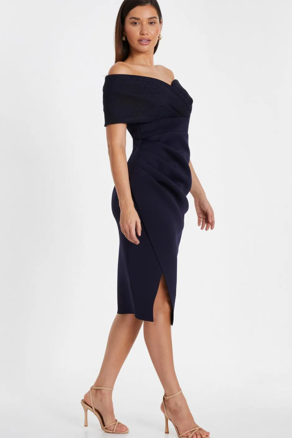 Quiz Navy Bardot Ruched Midi Dress Best