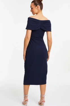 Quiz Navy Bardot Ruched Wrap Midi Dress Hot