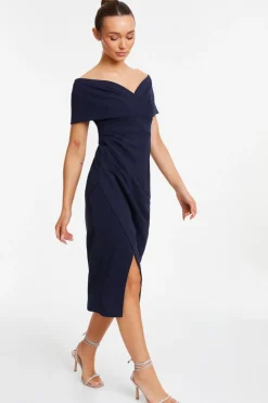 Quiz Navy Bardot Ruched Wrap Midi Dress Hot