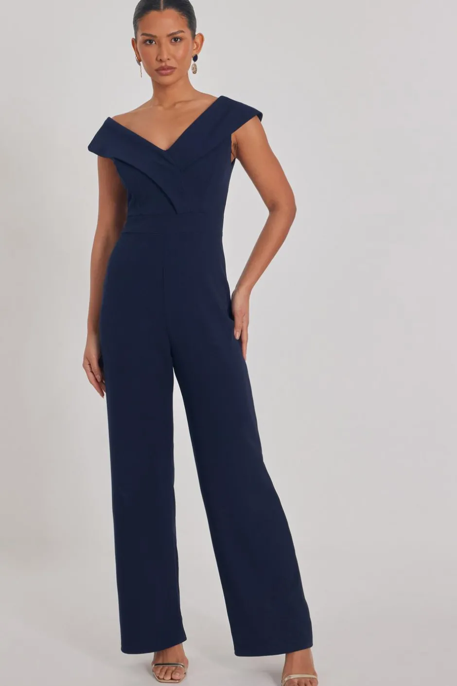 Quiz Navy Bardot Wide Leg Jumpsuit Sale