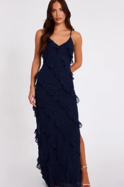 Quiz Chiffon Ruffle Midaxi Dress Navy