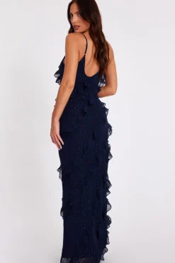 Quiz Chiffon Ruffle Midaxi Dress Navy