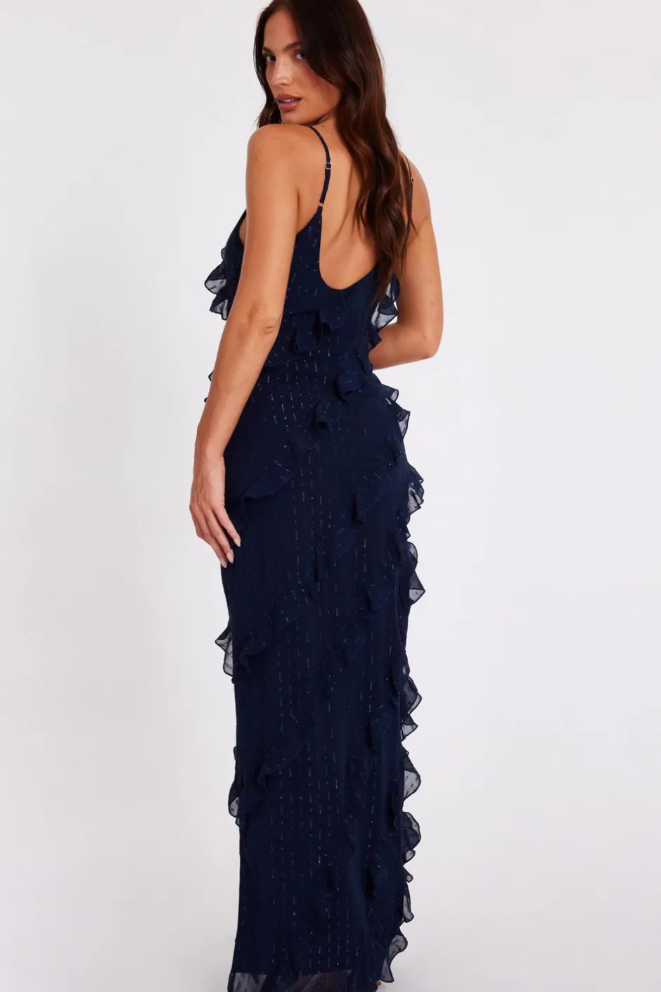 Quiz Chiffon Ruffle Midaxi Dress Navy