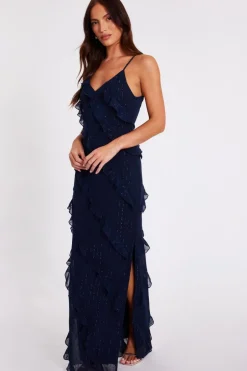 Quiz Chiffon Ruffle Midaxi Dress Navy