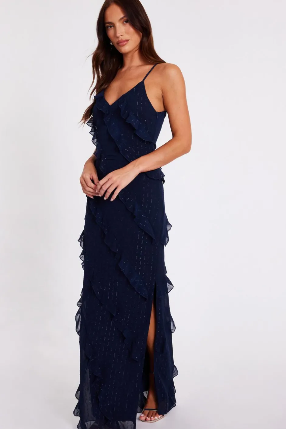 Quiz Chiffon Ruffle Midaxi Dress Navy
