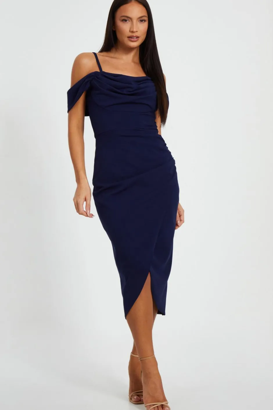Quiz Cold Shoulder Midi Dress Navy Online