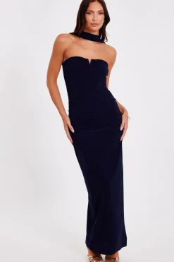 Quiz Collar Detail Ruched Midaxi Dress Navy Sale
