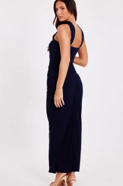 Quiz Collar Detail Ruched Midaxi Dress Navy Sale