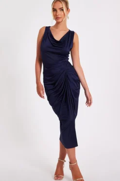 Quiz Cowl Neck Midi Dress Navy Discount