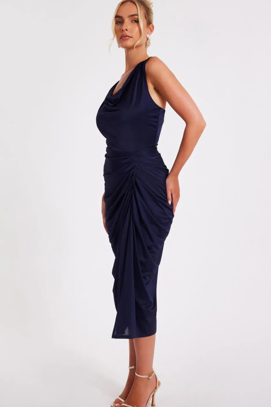 Quiz Cowl Neck Midi Dress Navy Discount