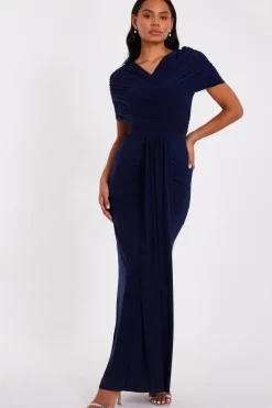 Quiz Navy Cross Front Ruched Maxi Dress
