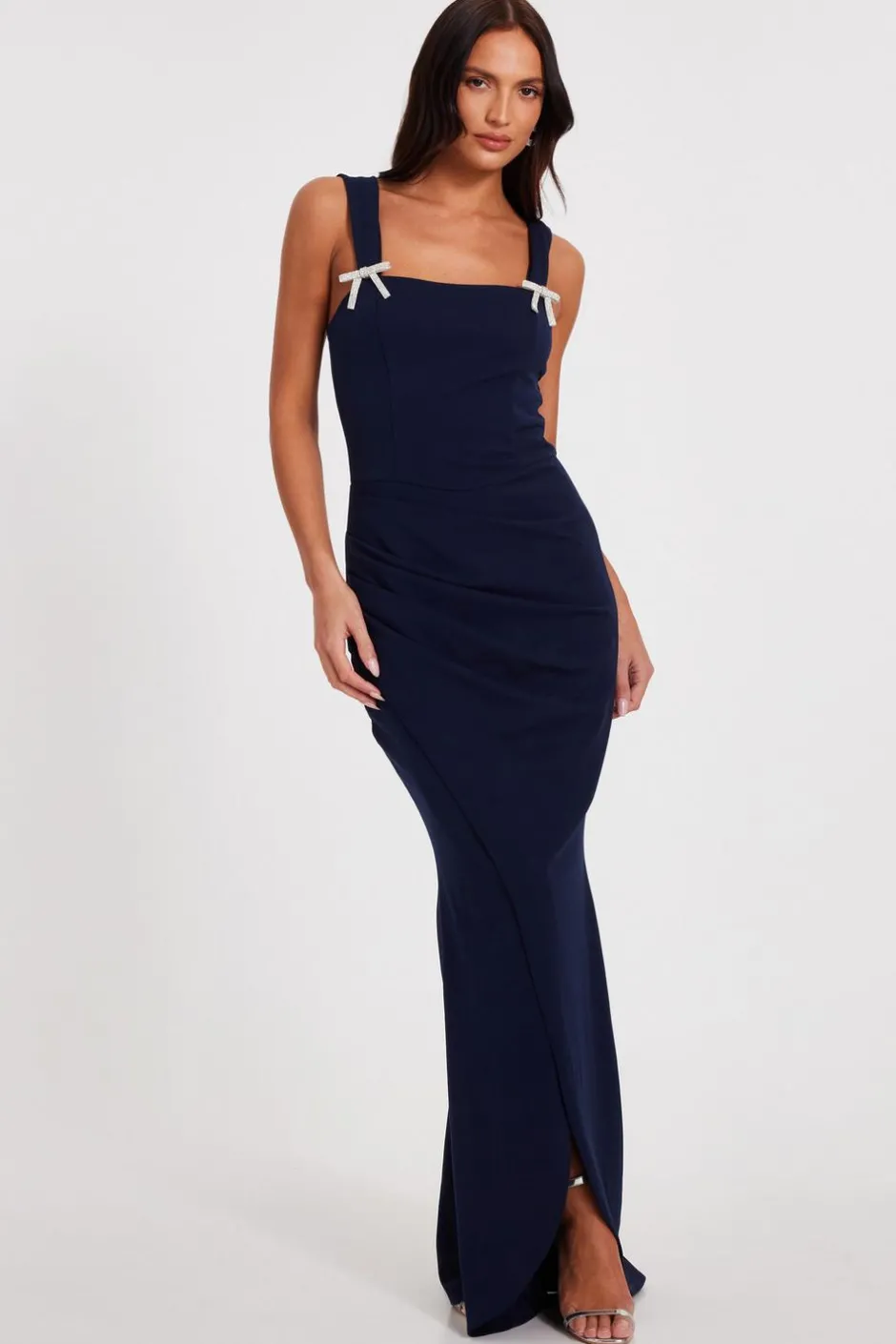Quiz Navy Diamante Bow Maxi Dress Clearance