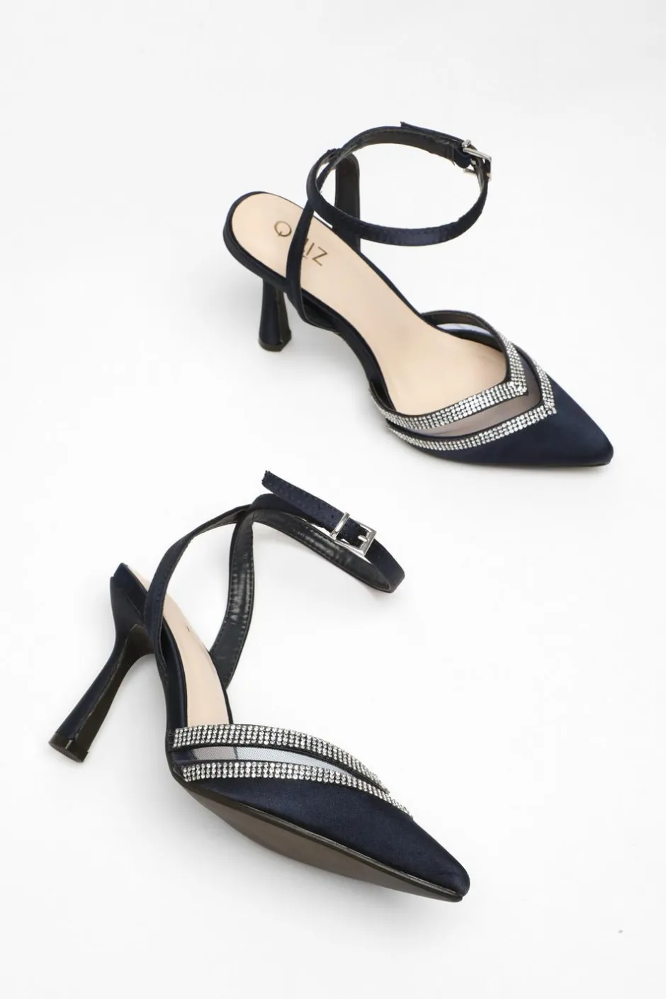 Quiz Diamante Mesh Court Heels Navy