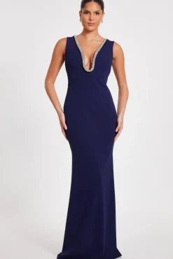Quiz Navy Diamante Trim Maxi Dress Discount