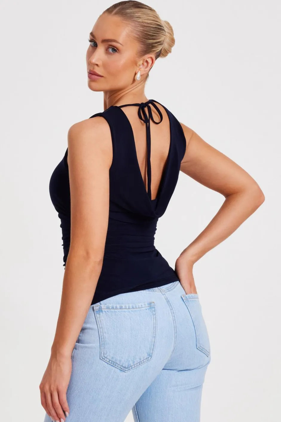 Quiz Navy Drape Back Top