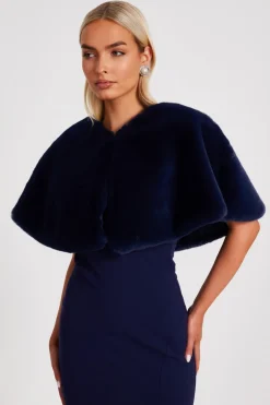 Quiz Faux Fur Wrap Navy Sale