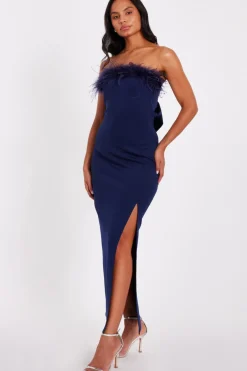 Quiz Feather Trim Midaxi Dress Navy Best