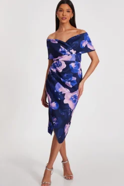 Quiz Navy Floral Bardot Midi Dress Outlet