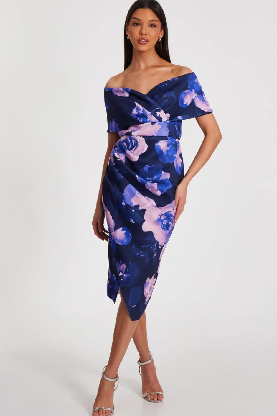 Quiz Navy Floral Bardot Midi Dress Outlet