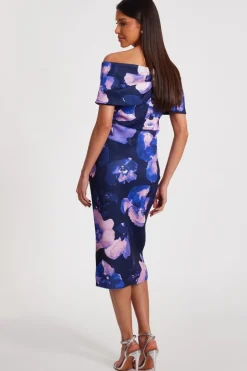 Quiz Navy Floral Bardot Midi Dress Outlet