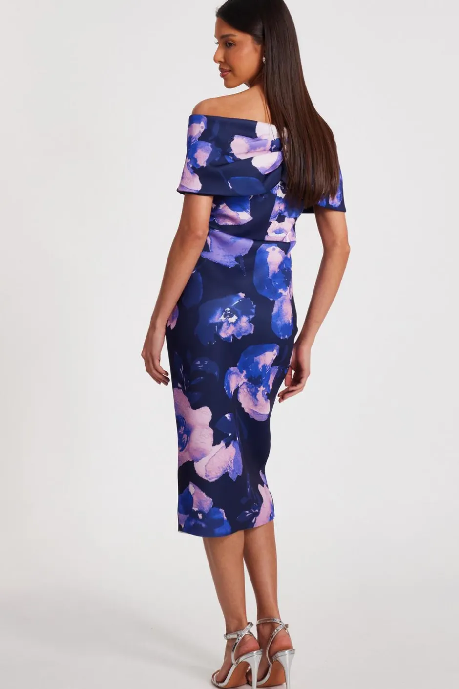 Quiz Navy Floral Bardot Midi Dress Outlet