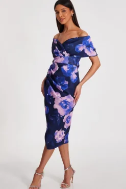 Quiz Navy Floral Bardot Midi Dress Outlet