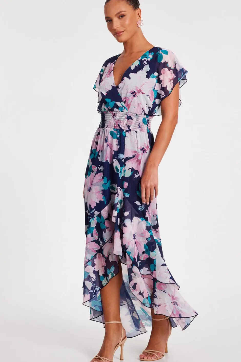 Quiz Navy Floral Tiered Midi Dress New