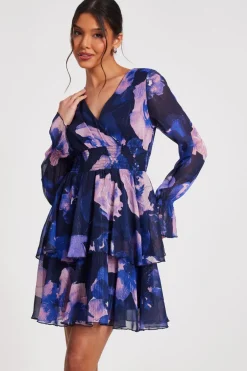 Quiz Navy Floral Tiered Skater Dress New